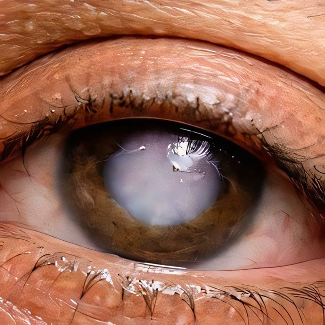 Close up of an eye with a hazy white patch over the pupil and red vessels in the white of the eye